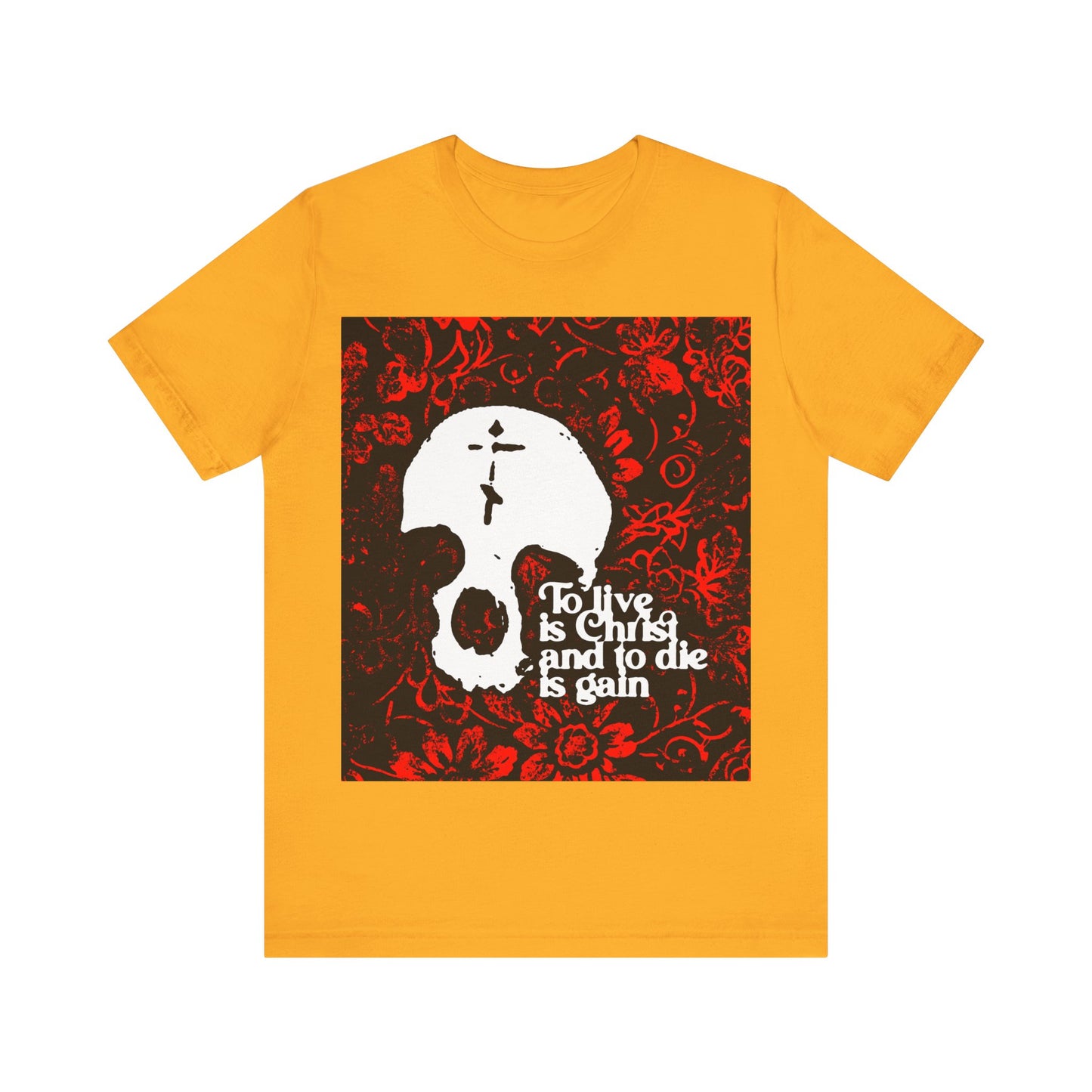 To Live is Christ To Die is Gain (Phil 1:21) | Skull with Cross on Red Floral Texture | Orthodox Christian Cotton T-Shirt