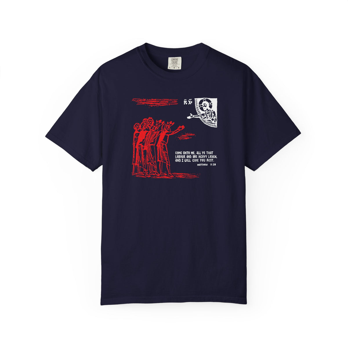 True Navy “Come Unto Me All Ye That Labour & Are Heavy Laden (Matt. 11:28)” Orthodox heavyweight cotton unisex tee featuring an icono-graphic drawing with red and white abstract art, text, and a skeleton illustration inspired by St Cyril of Alexandria’s reflections on divine nature and our calling as partakers of the Holy Spirit.