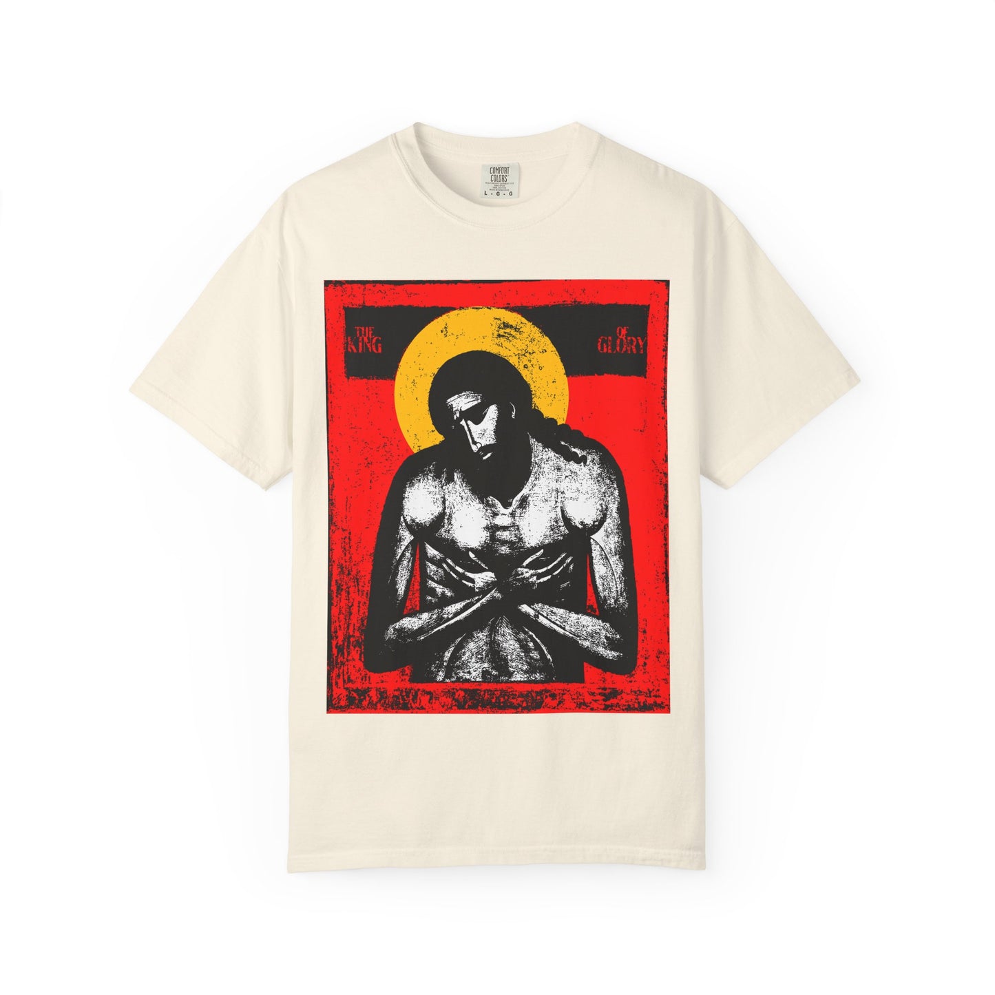Ivory heavyweight cotton unisex tee, "The King of Glory Jesus Christ 'Extreme Humility' IconoGraphic," features a solemn Christ figure with a red background and yellow halo, inspired by Isaiah 53. Christian devotional design.