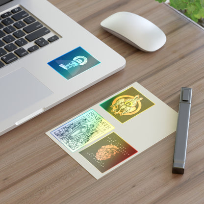 A laptop with Bestseller Orthodox Sticker Mix No. 4, a mouse, and an Orthodox Cross postcard on a wooden desk.