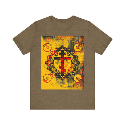 Heather Olive t-shirt featuring the IC XC NIKA Orthodox Cross in yellow and red with a modern-medieval textured floral design—a bold tribute to Christ’s sacrifice and Orthodox Christian faith.