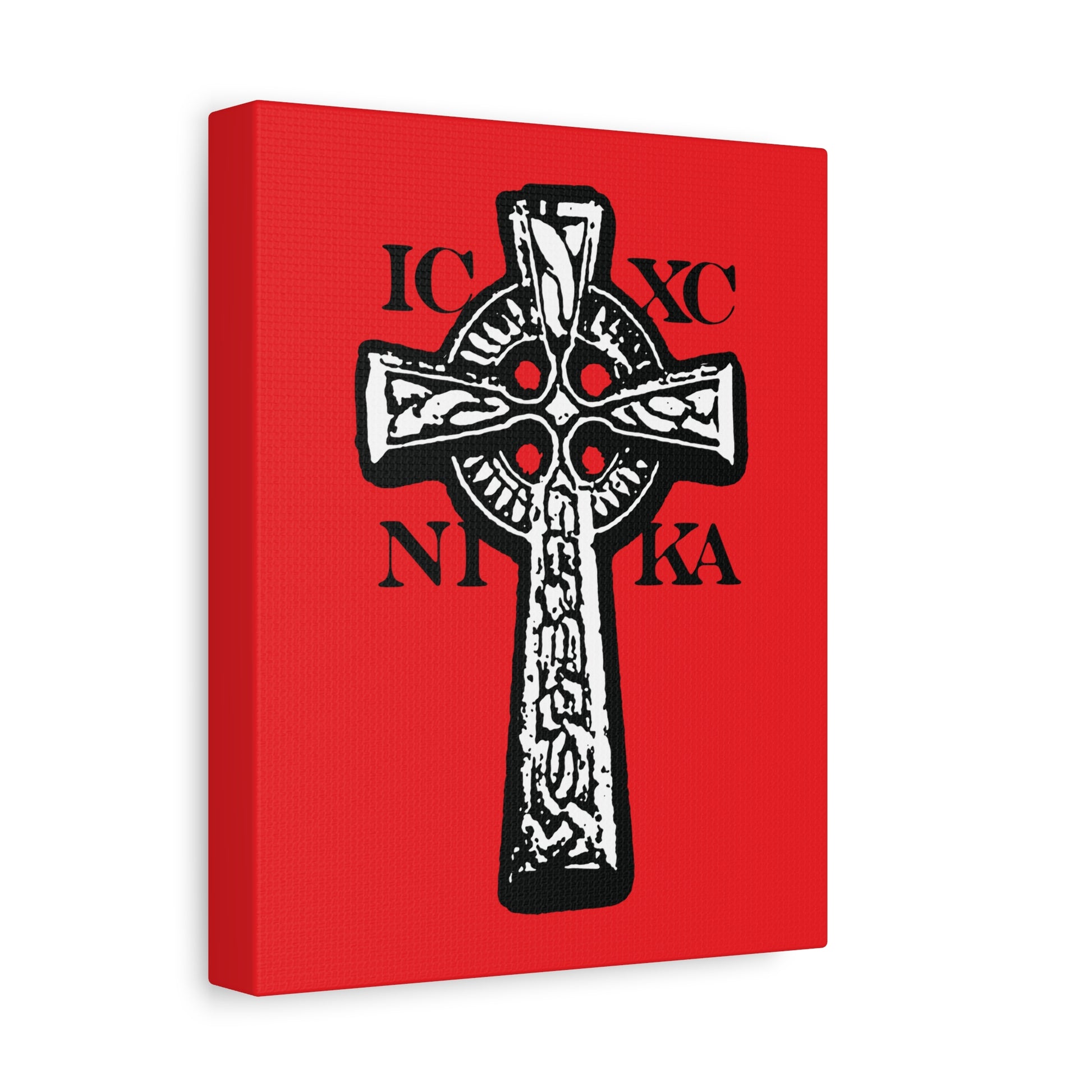 The ICXC NIKA Celtic Knotwork Cross features a black and white Orthodox design with Greek letters “Jesus Christ Conquers” on a red background, embodying tradition and faith for your wall décor.