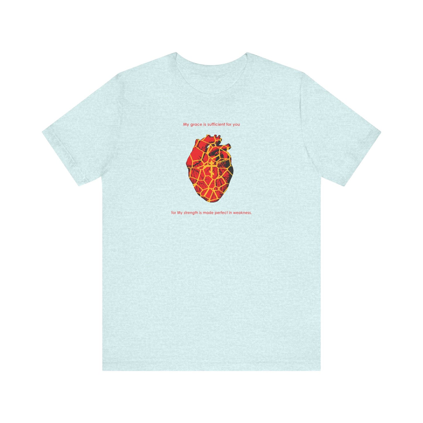 Heather Prism Ice Blue tee with a Kintsugi-style golden broken heart, Orthodox Cross, and “My Strength is Made Perfect in Weakness” (2 Cor 12:9), blending beauty in brokenness with faith-inspired design.