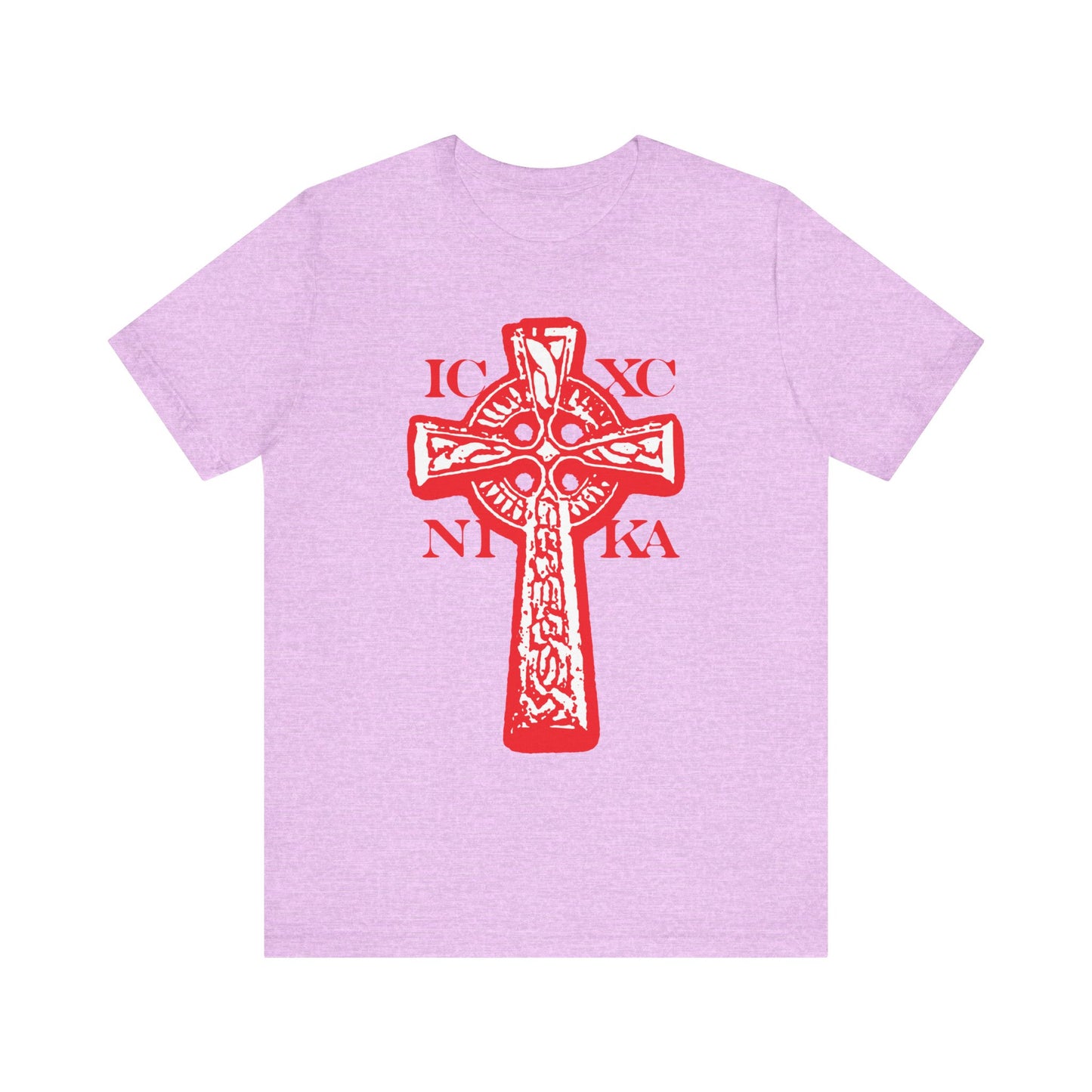 Heather Prism Lilac unisex t-shirt featuring a bold black and white Celtic knotwork cross on a vibrant red background, with the Greek letters IC XC NIKA across the front—symbolizing Jesus Christ Conquers. Made from lightweight cotton for comfort and style.