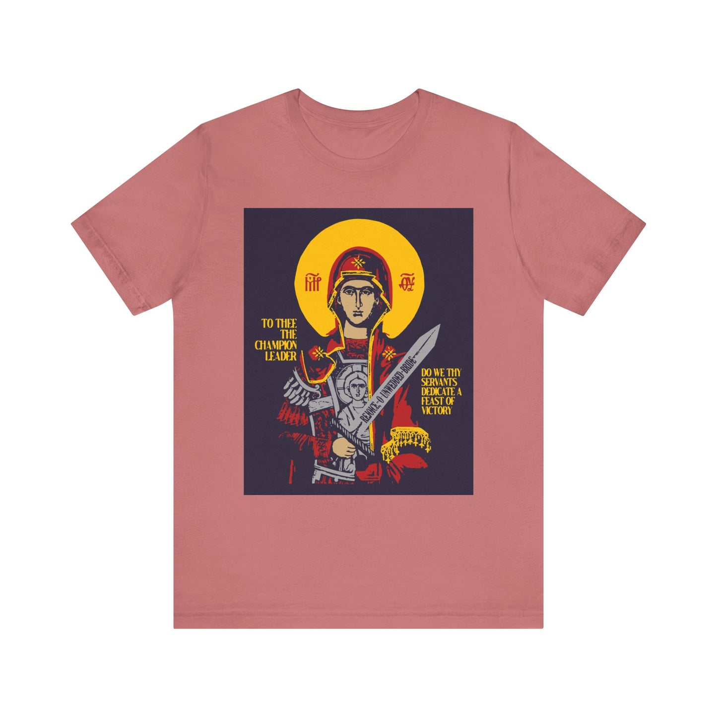 Mauve unisex tee: “To Thee the Champion Leader”—features the Mother of God as Theotokos with sword and gold halo in an iconographic Orthodox design. Lightweight cotton; bold, faith-inspired statement piece.