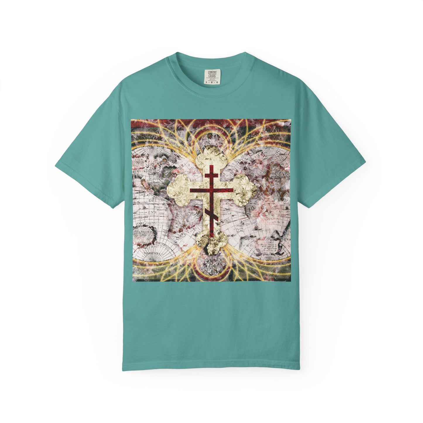 Seafoam heavyweight cotton unisex tee featuring a red Orthodox cross set over an antique map with glowing magnetic lines, inspired by the Conqueror of Death and Revelation 1:18.