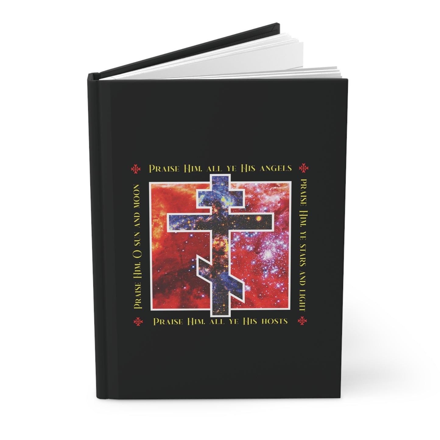 The "Praise Him All Ye His Angels, Praise Him Ye Stars and Light" blank journal features a cosmic Orthodox cross with angels and uplifting phrases on a red and purple starry hardcover.