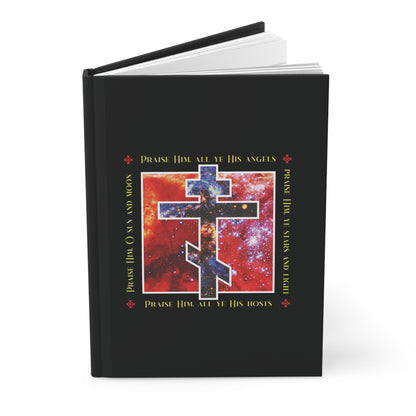 The "Praise Him All Ye His Angels, Praise Him Ye Stars and Light" blank journal features a cosmic Orthodox cross with angels and uplifting phrases on a red and purple starry hardcover.