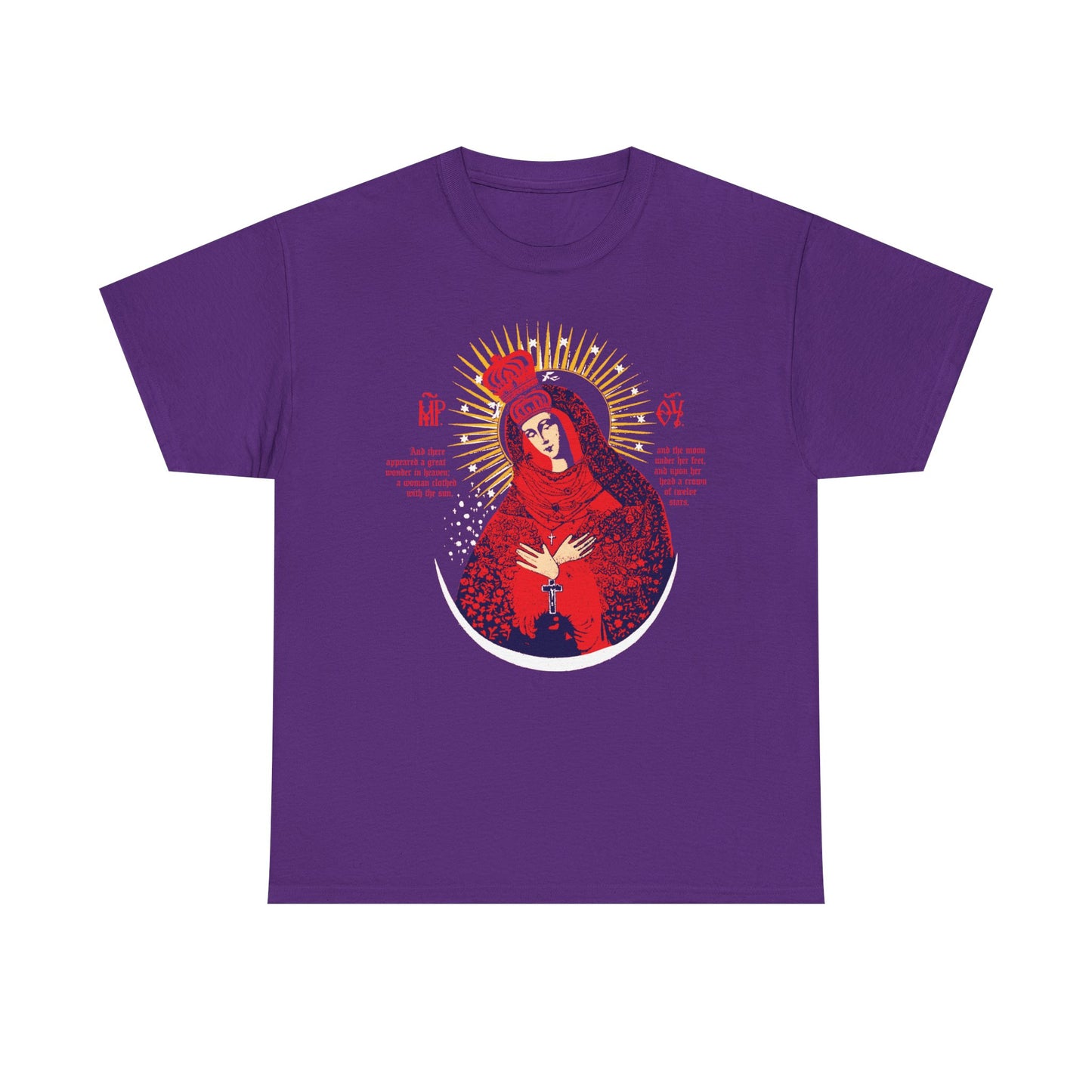 Purple "Our Lady the Gate of Dawn Icono-Graphic" t-shirt featuring a crowned Theotokos in red, blue, and gold, inspired by the Vilnius icon. Heavy cotton; Christian apparel with decorative halo accents.