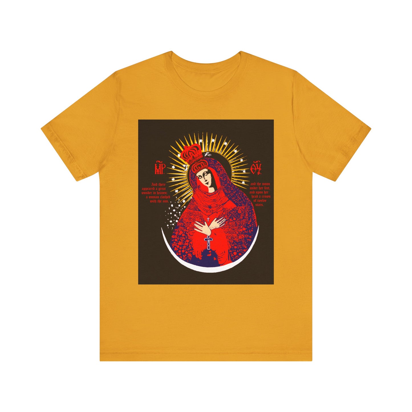 Mustard unisex tee featuring a red and gold graphic of Our Lady the Gate of Dawn, crowned Theotokos and Woman of the Apocalypse, inspired by the Vilnius icon. Lightweight cotton for comfort.