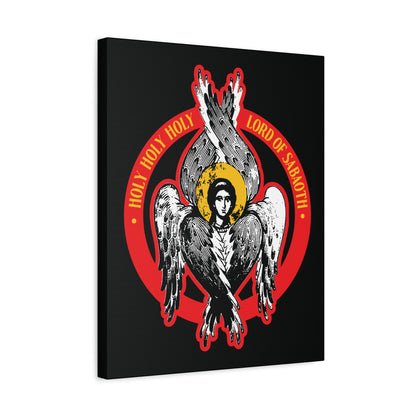Illustration from "Holy Holy Holy, Lord of Sabaoth | Orthodox Seraphim Angel IconoGraphic," depicting a six-winged seraphim with a halo and red ring inscribed “Holy Holy Holy Lord of hosts,” inspired by Isaiah 6 Christian wall art.