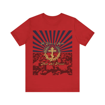 The Gates of Hades Shall Not Prevail | Cross with Wreath & Crown of Thorns | Skulls and Rays | Orthodox Christian T-Shirt