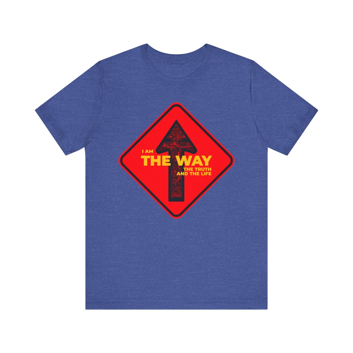 The "I Am the Way, the Truth and the Life" Orthodox Christian tee in Heather True Royal features a street sign one-way arrow crucifix design—perfect for daily reminders of faith and Jesus’s message. Lightweight cotton, unisex fit.