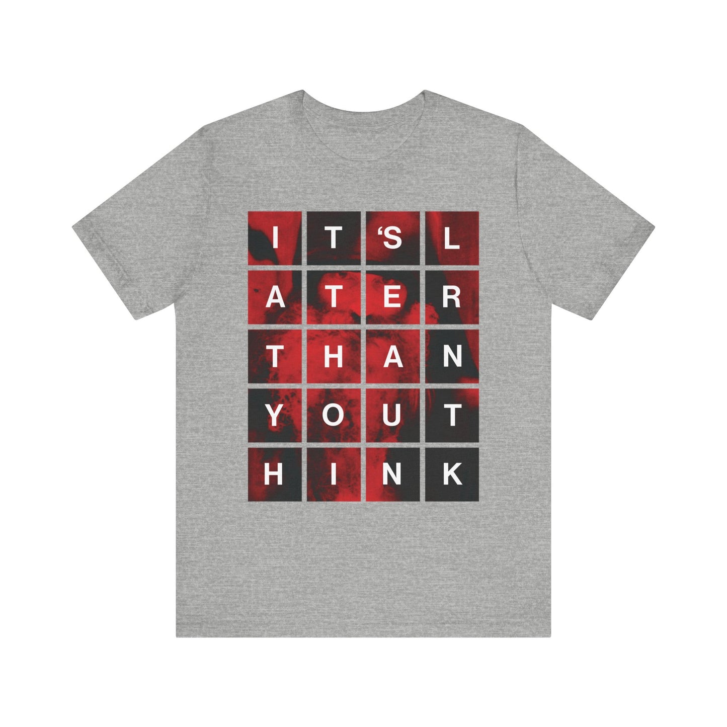 Athletic Heather "It's Later Than You Think" unisex tee featuring a modern block grid design and bold red-and-black background, inspired by St Seraphim Rose—a meaningful Orthodox Christian shirt reminding wearers about repentance and the importance of seeking salvation.
