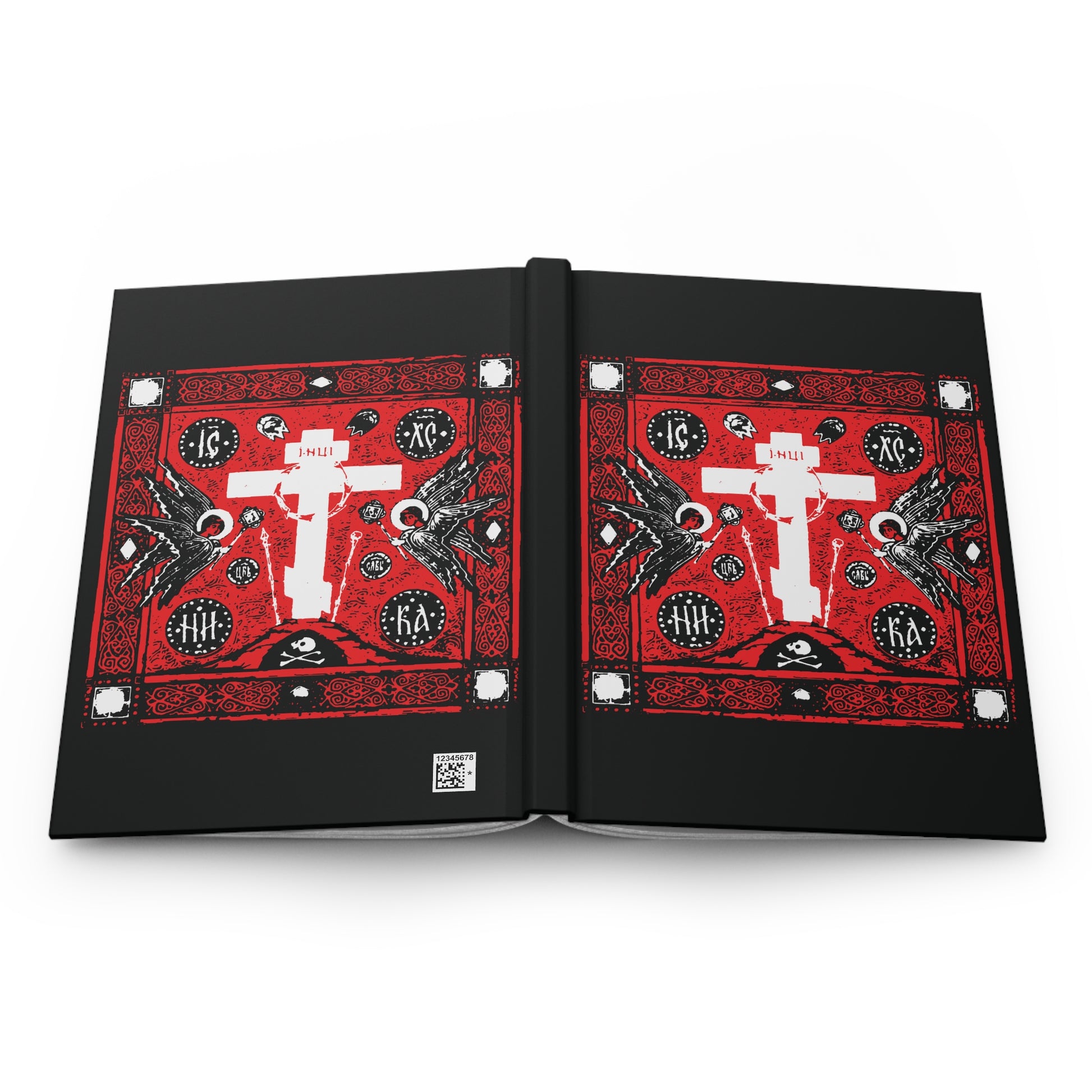 Adoration of the Holy Cross IconoGraphic | Striking Red White and Black Golgotha Design w/ Angels | Orthodox Christian Accessory | Blank Hardcover Journal-Remembrance of Death