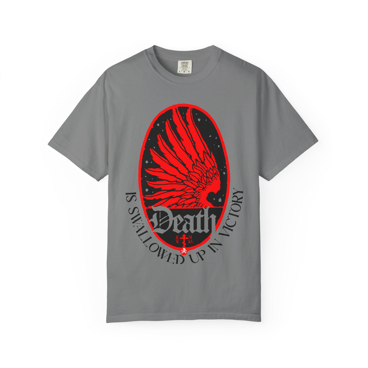 Grey heavyweight cotton unisex tee featuring an art nouveau eagle wing and stars design in red, “Death is swallowed up in victory” (1 Cor 15:54) text, black accents, and a bold Orthodox Christian reminder of triumph over death.