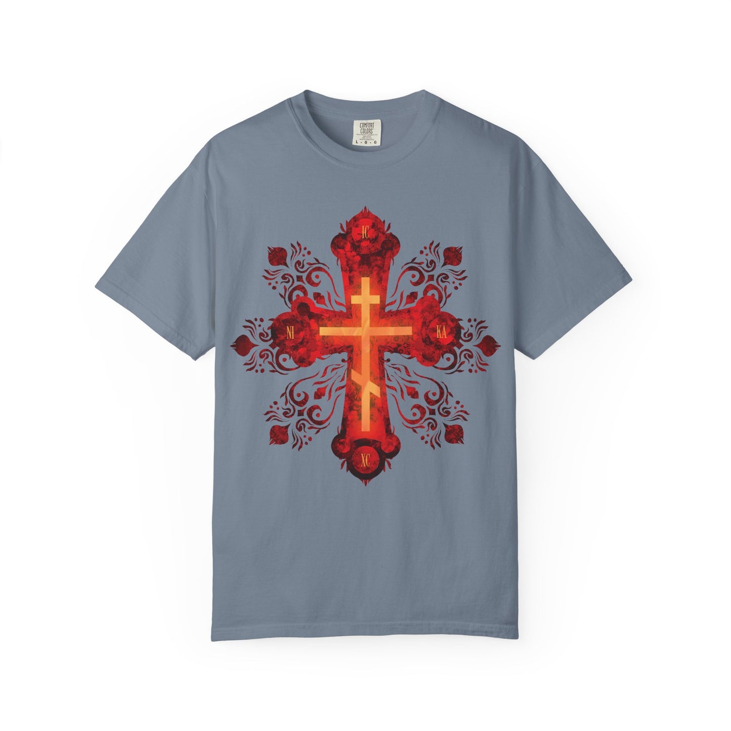 Blue jean heavyweight cotton unisex tee featuring a large, ornate red and gold Russian-style Orthodox cross with decorative floral patterns, inspired by the spirit of a Christian warrior journeying to their heavenly homeland. Design includes the phrase "He was pierced for our transgressions.