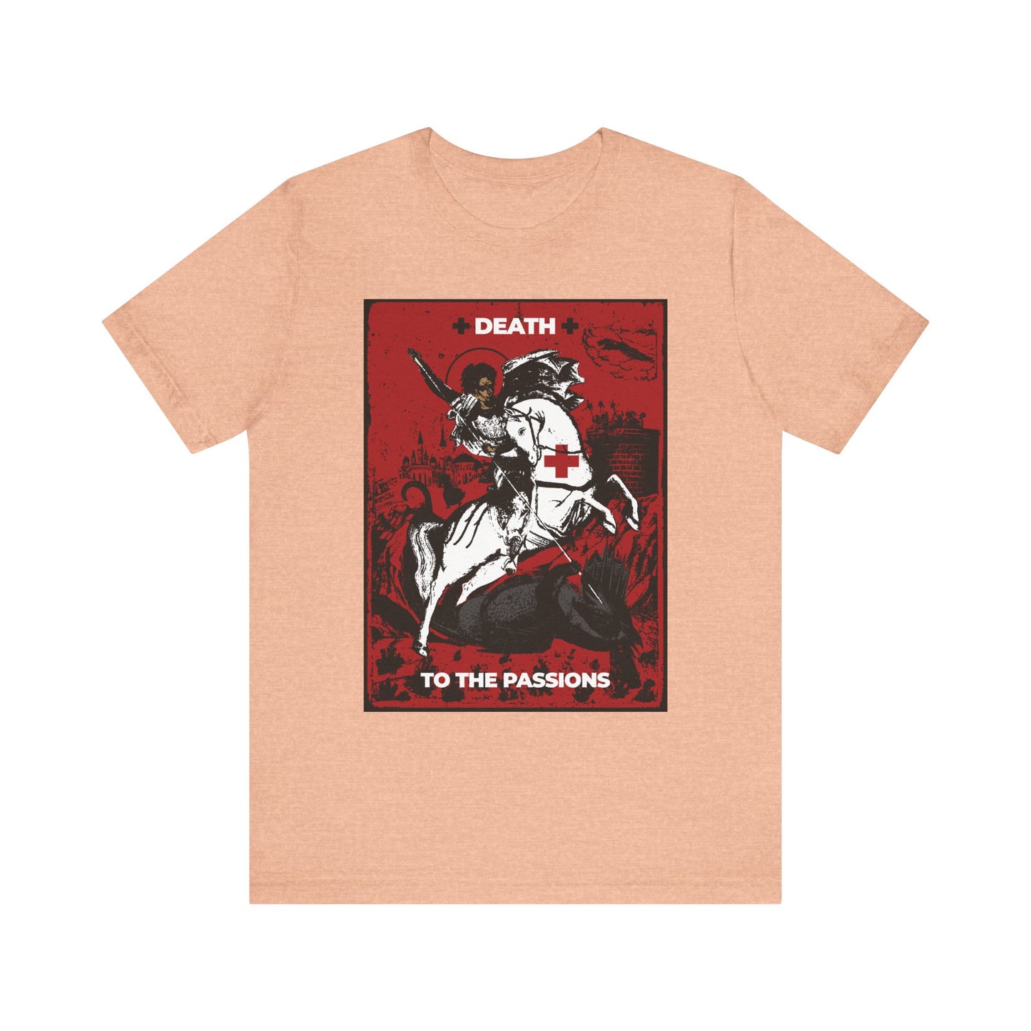 Heather peach lightweight cotton unisex t-shirt featuring a bold graphic of St. George slaying the dragon and the text “Death to the Passions,” inspired by Unseen Warfare and ascetic Orthodox Christianity, encouraging you to conquer your passions and seek self-mastery.