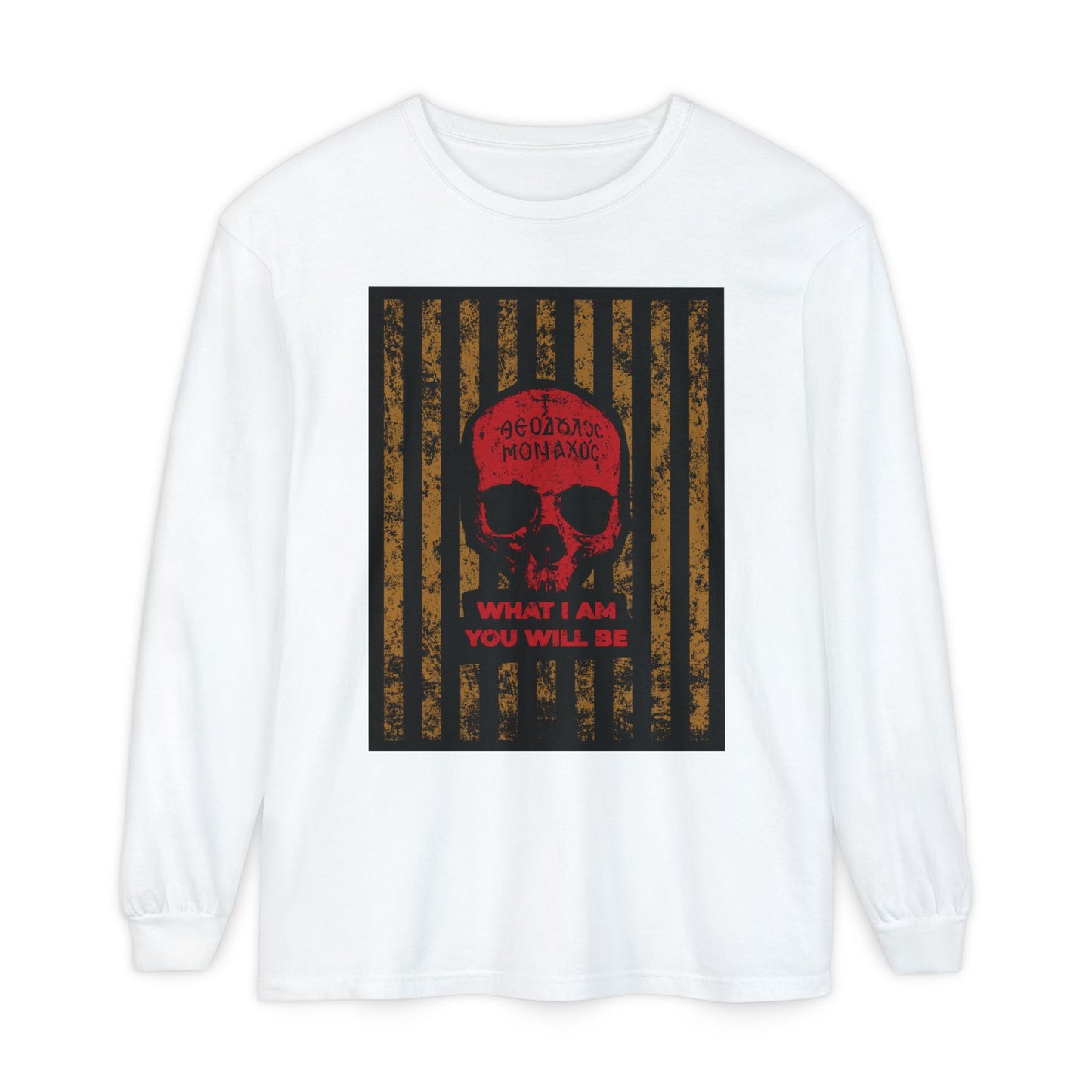 White long-sleeve cotton shirt featuring a Mt Athos Monk skull with red Greek "Memento Mori" text and "What I Am You Will Be—Remembrance of Death" on a striped background. Ascetic ethos design.