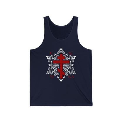 ICXC / NIKA Red Orthodox Cross on Ornate White Medieval Floral Design | Exclusive Best-Selling | Orthodox Christian Jersey Tank Top