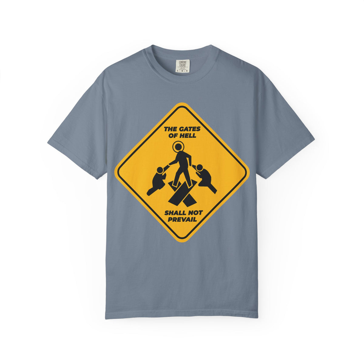 Blue Jean heavyweight cotton unisex tee featuring a yellow street sign graphic with the words “The Gates of Hell Shall Not Prevail” and stick figures, inspired by Isaiah 45:2-3 and the promise of treasures of darkness for those who persevere—a minimalist Pascha icon celebrating trampling down death by death.