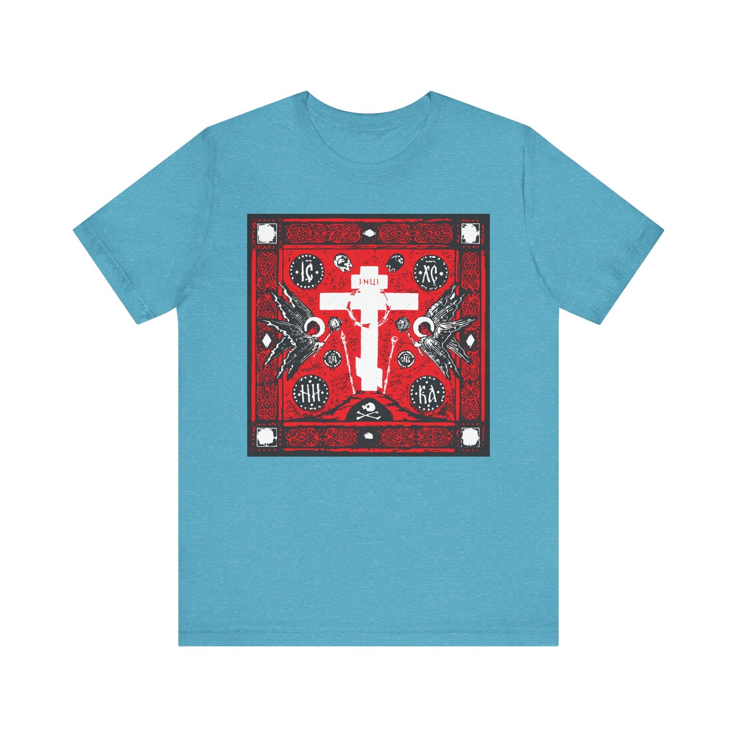 Heather aqua t-shirt featuring the Adoration of Holy Cross IconoGraphic: a bold red, white, and black Russian cross design with angels on lightweight cotton. Unisex fit.