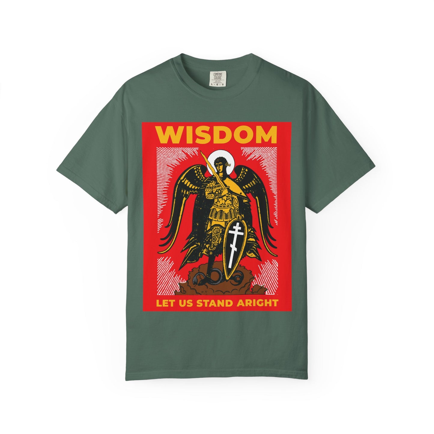 Blue Spruce heavyweight cotton tee featuring a Russian illustration of Archangel Michael the Warrior with shield and sword, plus "WISDOM" and "LET US STAND ARIGHT" text. Unisex Orthodox design.