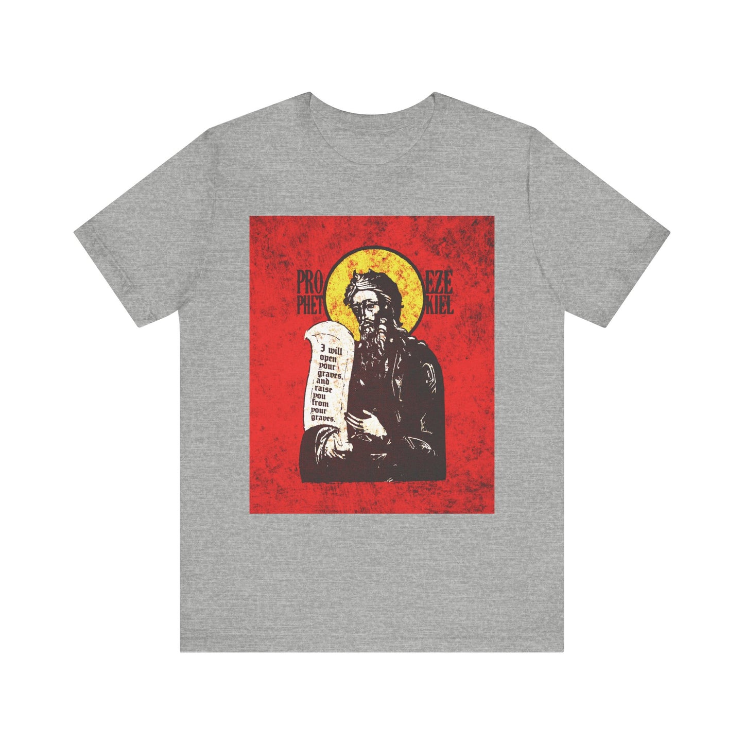 Athletic Heather T-shirt featuring the IconoGraphic of Prophet Ezekiel—a textured, high-contrast design in bright red and yellow showing a bearded man holding a scroll with a glowing halo—symbolizing the breath of life and the Spirit of the Lord; crafted from lightweight cotton for a comfortable unisex fit.