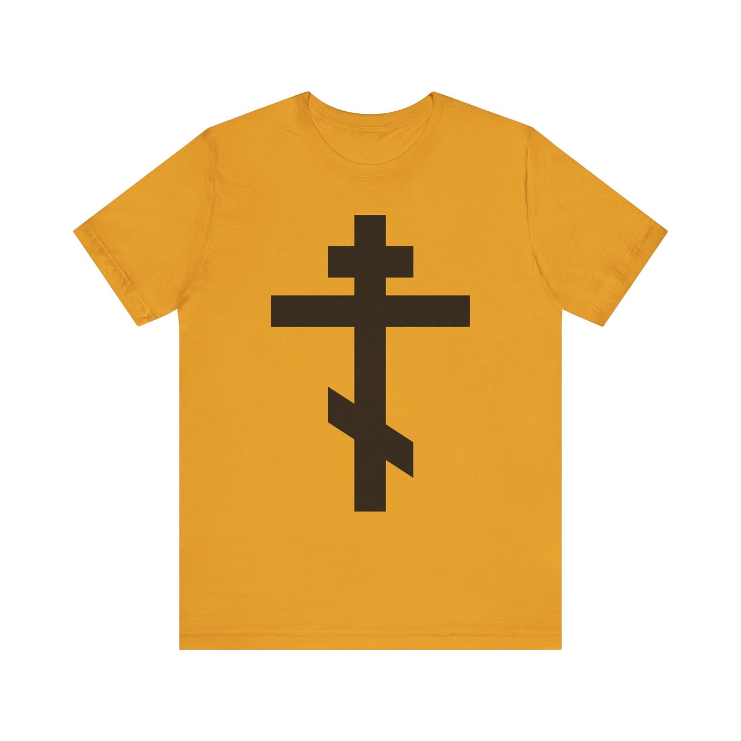 Mustard tee with a large black Orthodox cross, inspired by “He bore our sins on the cross so that we might die to sin & live to righteousness.” Lightweight cotton unisex fit.