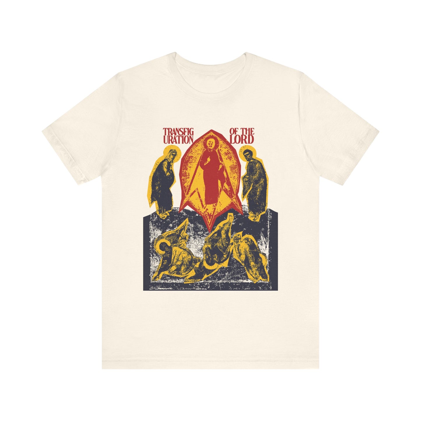 Natural t-shirt named "Transfiguration of the Lord Icono-Graphic" with a punk zine cut-out Orthodox Christian design, depicting four standing and three kneeling figures inspired by the Transfiguration of Christ. Lightweight unisex cotton.