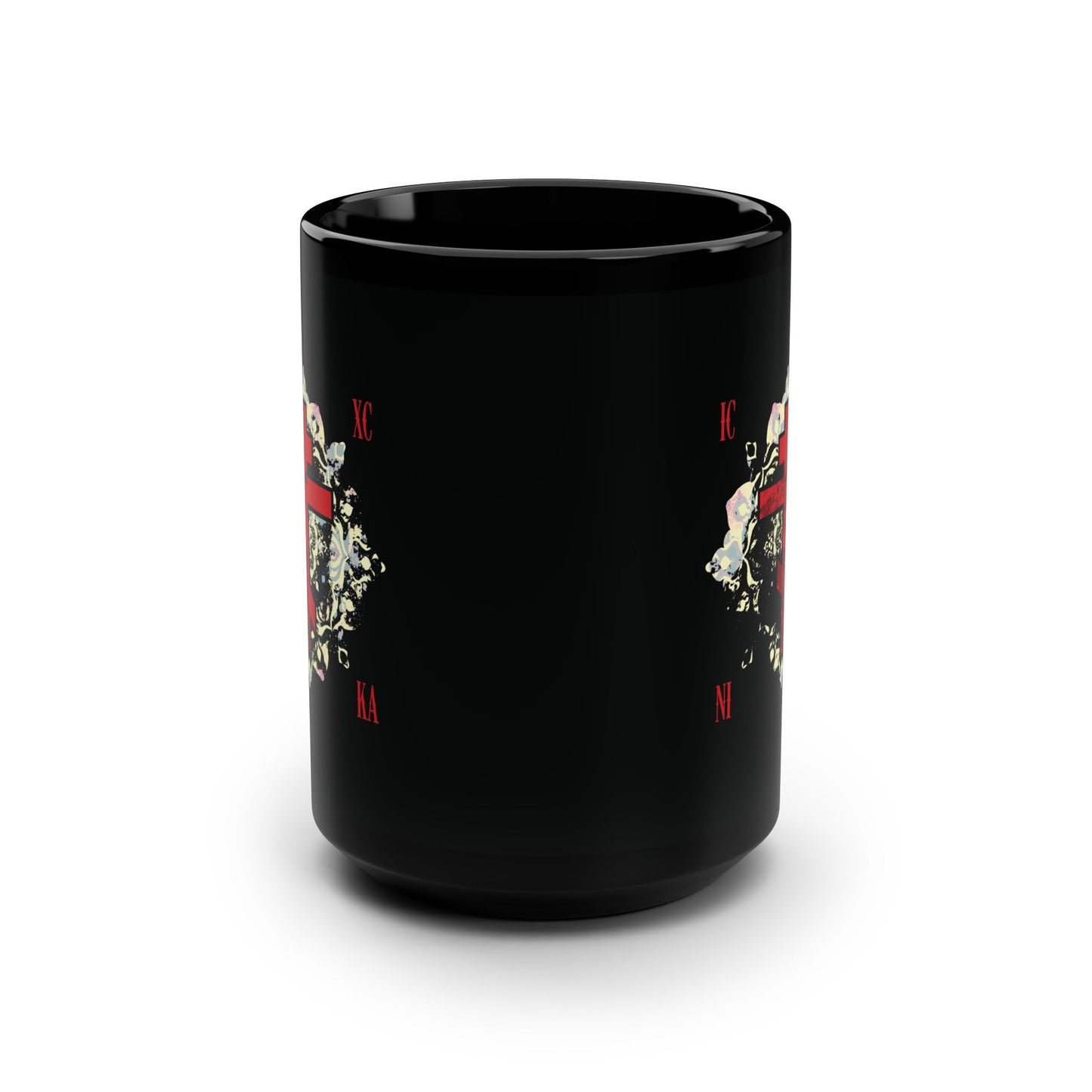 Black mug with a textured red Orthodox cross, medieval white floral design, and Greek letters "ICXC NIKA" (Jesus Christ Conquers) on the front. Inspired by Orthodox Christian tradition and St. John of Kronstadt.