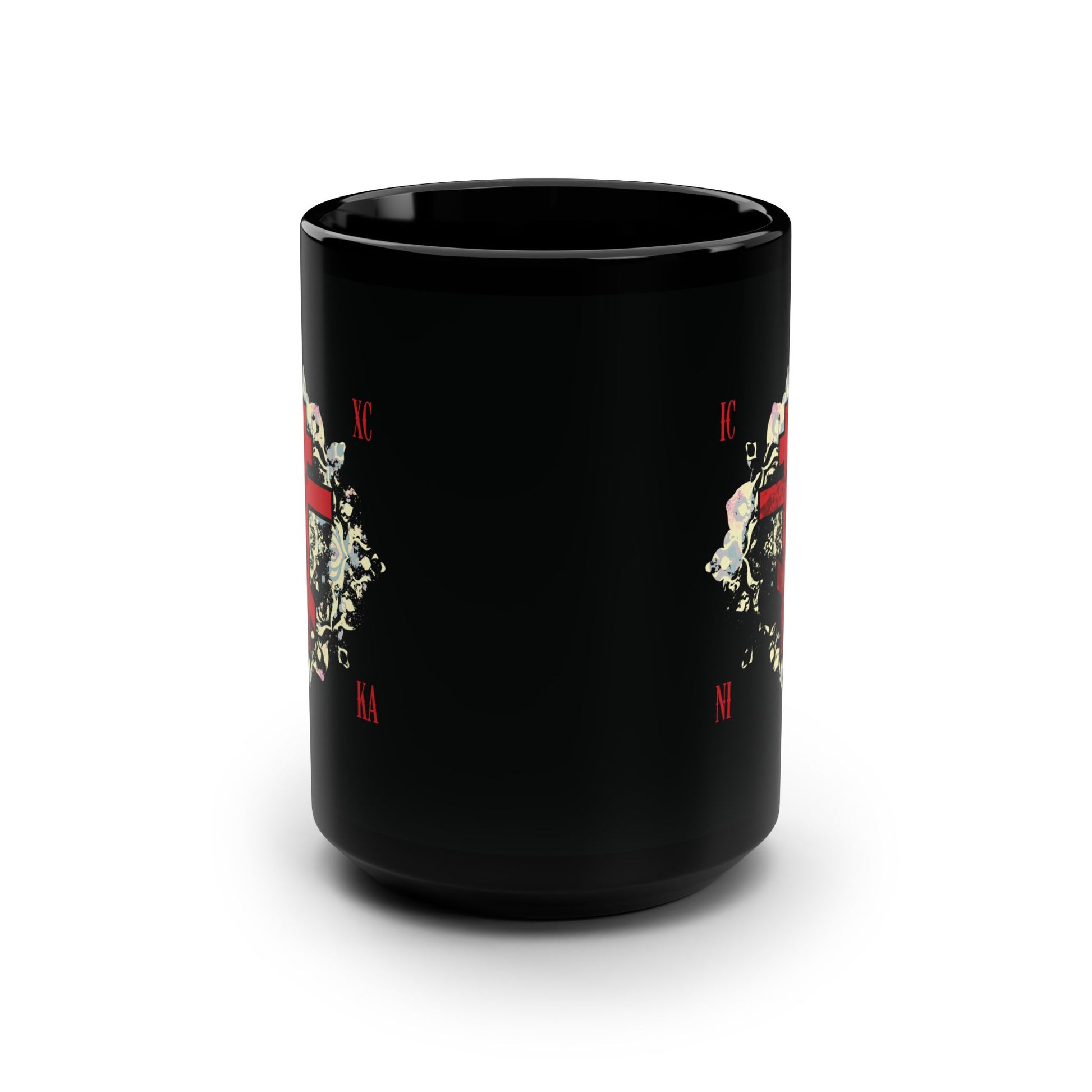Black mug with a textured red Orthodox cross, medieval white floral design, and Greek letters "ICXC NIKA" (Jesus Christ Conquers) on the front. Inspired by Orthodox Christian tradition and St. John of Kronstadt.
