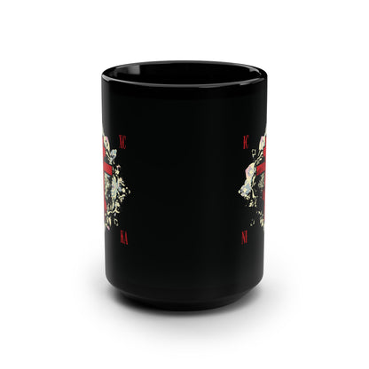 Black mug with a textured red Orthodox cross, medieval white floral design, and Greek letters "ICXC NIKA" (Jesus Christ Conquers) on the front. Inspired by Orthodox Christian tradition and St. John of Kronstadt.