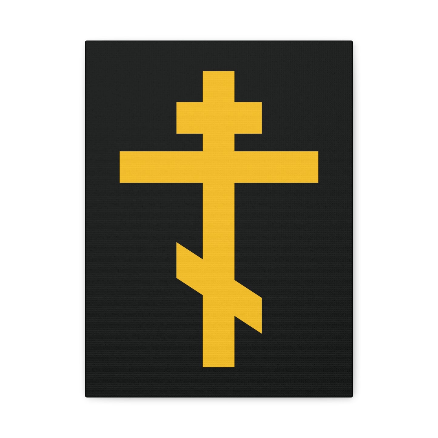 The Yellow Orthodox Cross Black Background canvas art, titled "Precious and Life-Giving Weapon of Unseen Warfare | Scourge of Demons," is a powerful symbol of faith for any Orthodox home.