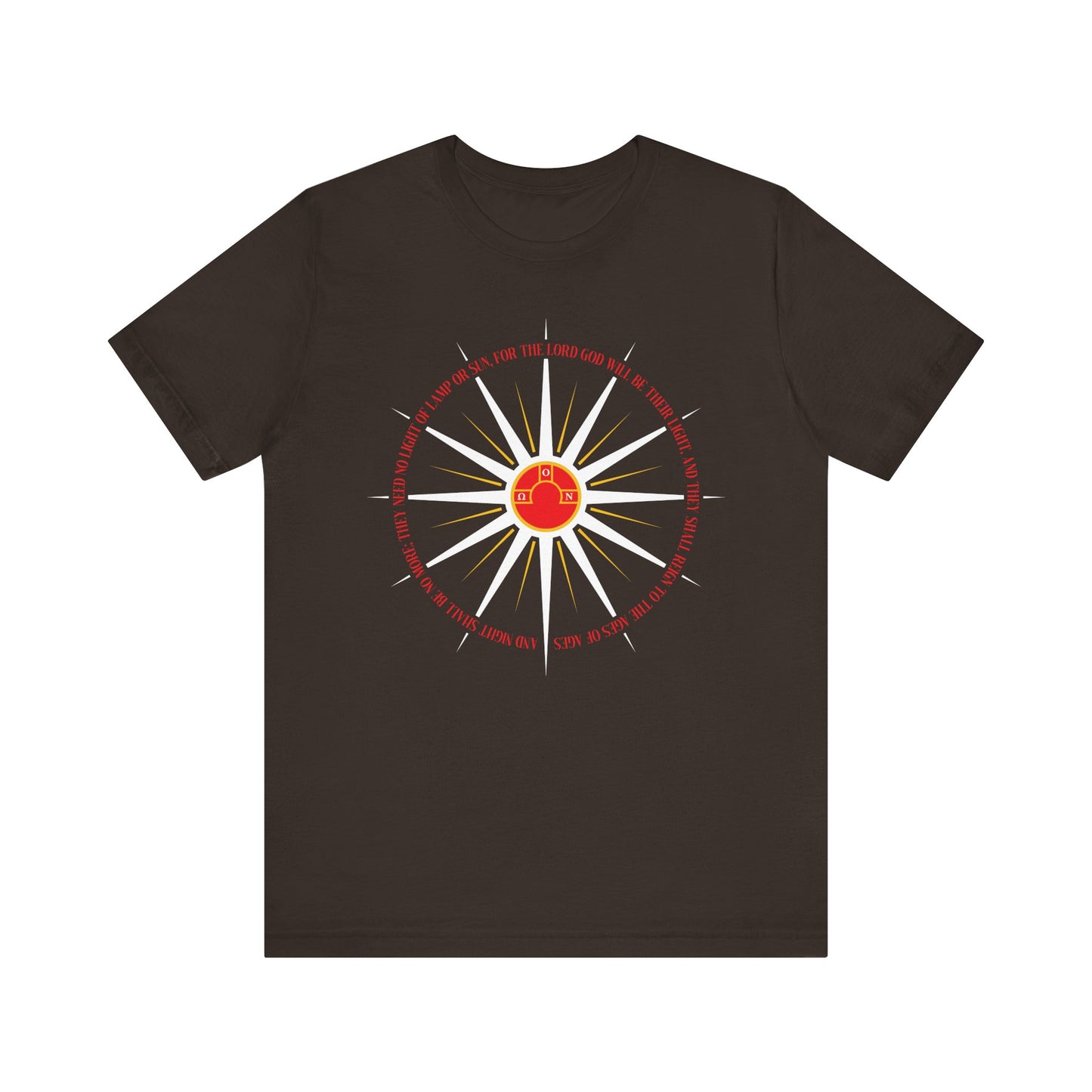 Brown lightweight cotton t-shirt featuring blazing sun rays and compass rose art circling a red house icon, inspired by Rev. 22:5 and Orthodox Christian themes of the Second Coming and seeking a heavenly homeland.