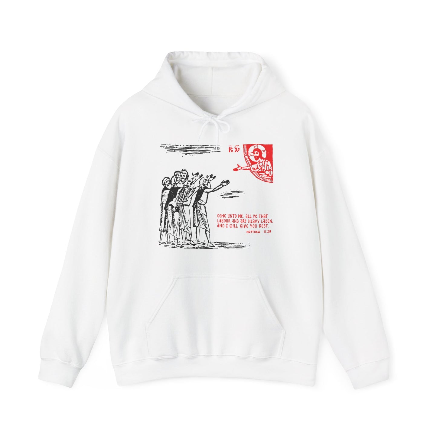 White "Come Unto Me All Ye That Labour & Are Heavy Laden" Orthodox hoodie featuring a black and red icono-graphic drawing inspired by St Cyril of Alexandria, with front print.