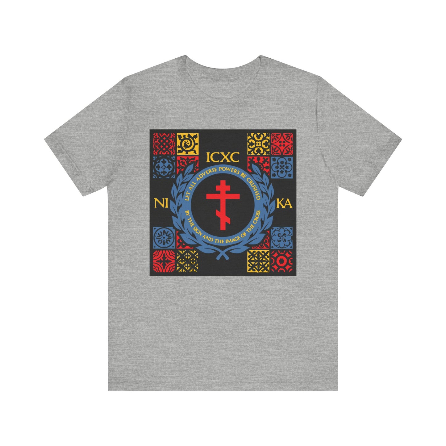 Athletic Heather t-shirt featuring a red, yellow & blue medieval tile design with cross, ICXC NIKA Greek letters, and patterns inspired by the Katavasia of the Cross and Moses at the Red Sea.