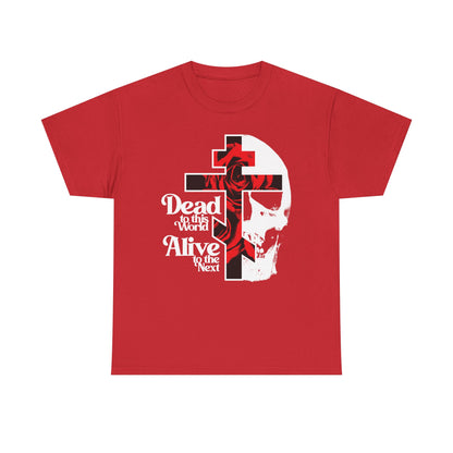 Red “Dead to this World | Christian Goth Flower Cross & Skull” T-shirt with 70s typography and bestselling design—a bold Orthodox statement of faith and renunciation, featuring a rose, cross, and skull graphic.