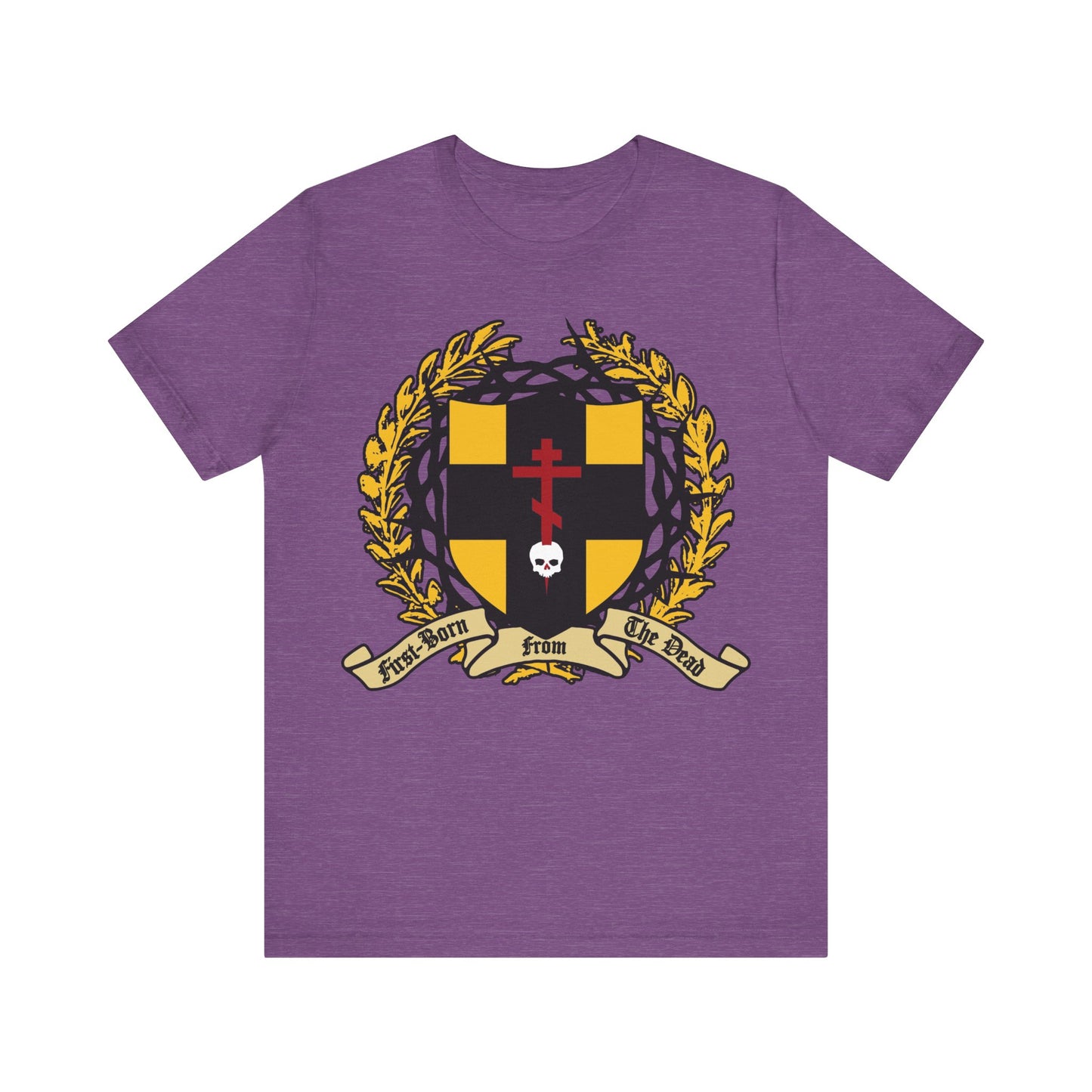 Heather Team Purple cotton tee featuring an Orthodox cross stabbing a skull, shield with victory wreath and crown of thorns, and "First-Born from the Dead" (Col 1:18)—symbolizing Christ's redemption. Unisex fit.