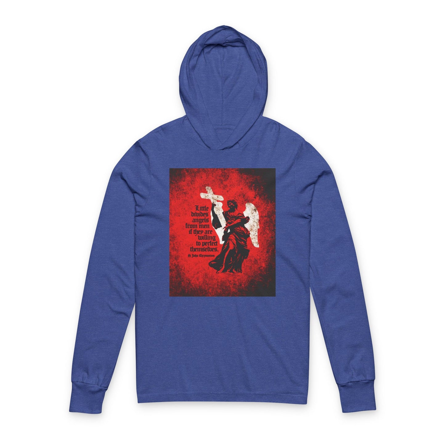 Little Divides Angels from Men | Christian Perfection | St John Chrysostom | Textured Cemetery Angel | Orthodox Long Sleeve Hooded Shirt