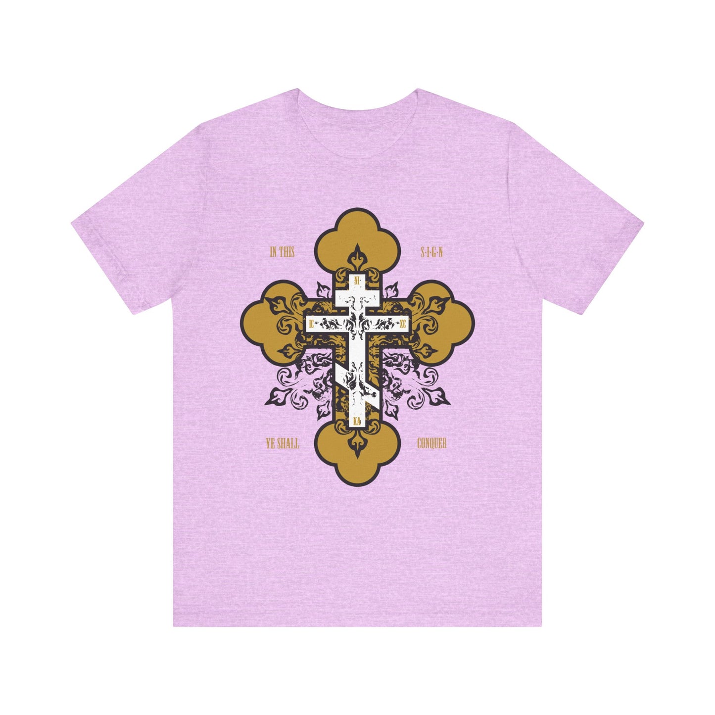 Heather Prism Lilac unisex tee featuring ornate gold & white Orthodox cross and "In This Sign Ye Shall Conquer"—inspired by St Paisios; lightweight cotton, perfect tribute to prayer and spiritual warfare.