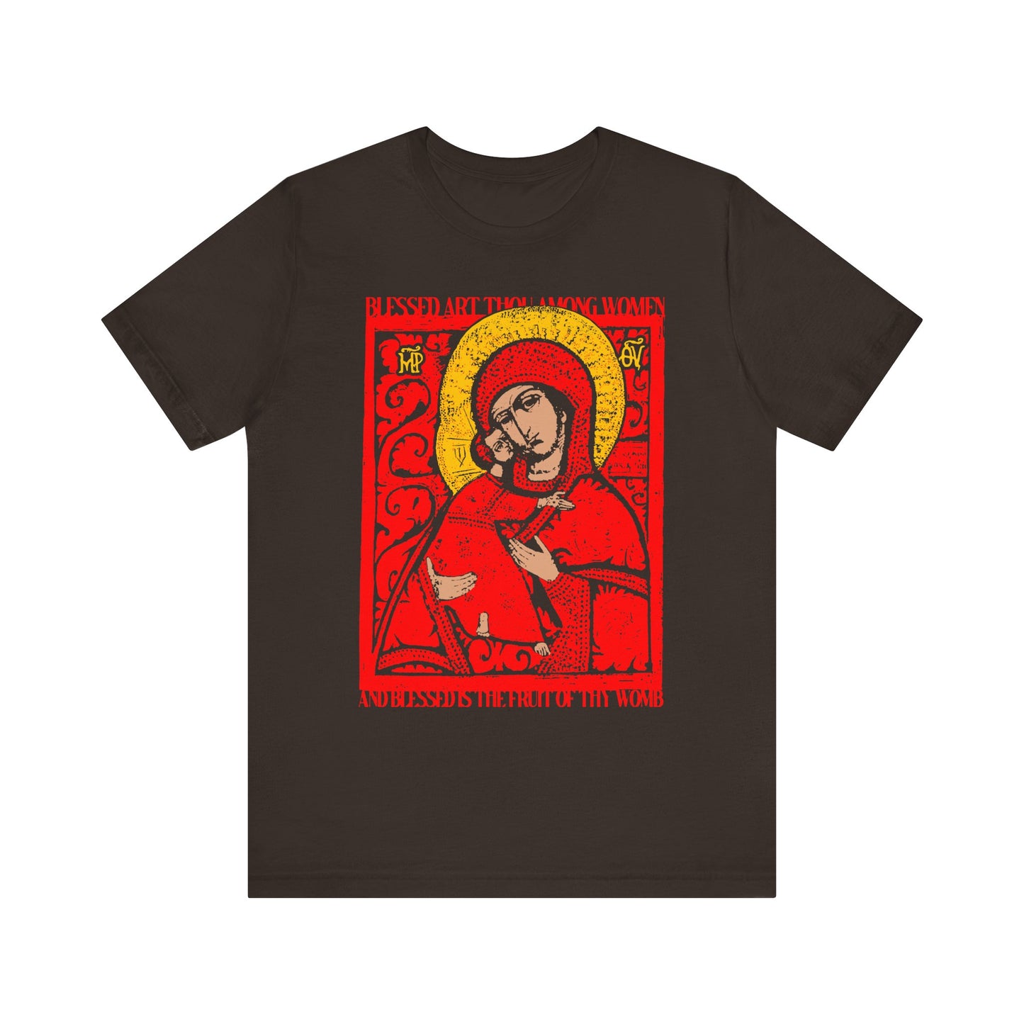 Brown t-shirt featuring a red and yellow Vladimir Theotokos icon graphic, accented by decorative "Blessed Art Thou Among Women" text above and below the image.