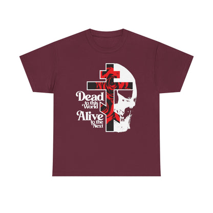 Maroon "Dead to this World" Orthodox Christian t-shirt features a flower cross, skull, and 70s typography—echoing dispassion and renunciation from the Ladder of Divine Ascent. Bestselling goth design in heavy cotton.