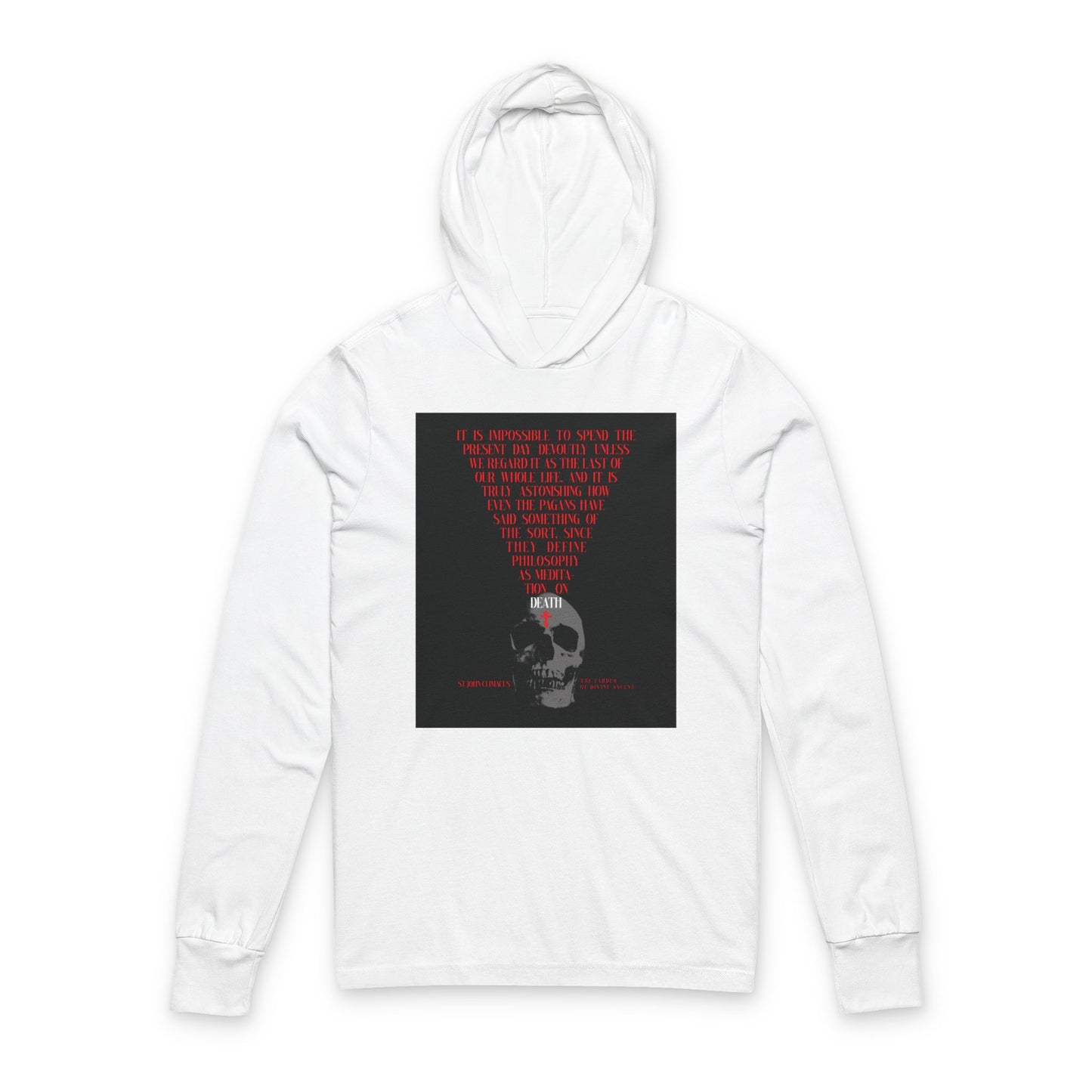 White cotton hooded shirt featuring a skull with red Orthodox cross and "Memento Mori" design, inspired by St. John Climacus—reminding us to live each day as if it were our last.