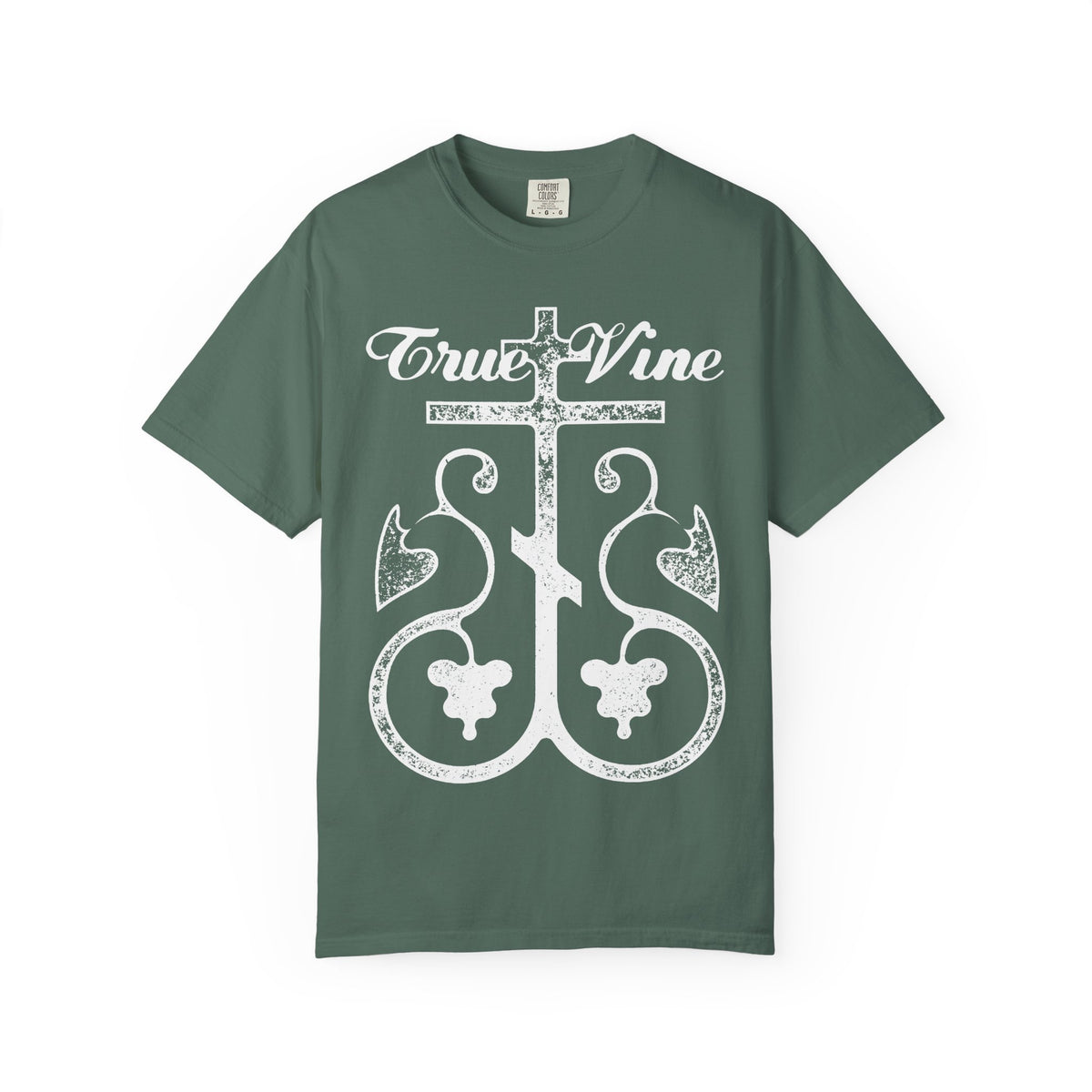 Blue Spruce heavyweight cotton unisex t-shirt featuring an Orthodox cross with a grape vine design and “I Am the True Vine” text in cursive above the photocopy-effect graphic, inspired by John 15 and Ezekiel 15.