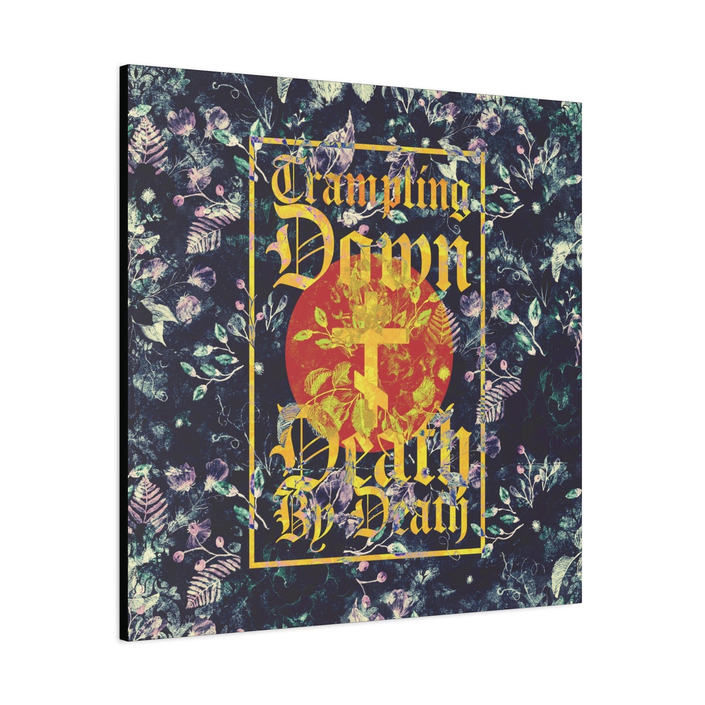 Trampling Down Death By Death | Paschal Floral Design with Gothic Script and Three-Bar Cross | Orthodox Christian Canvas Art