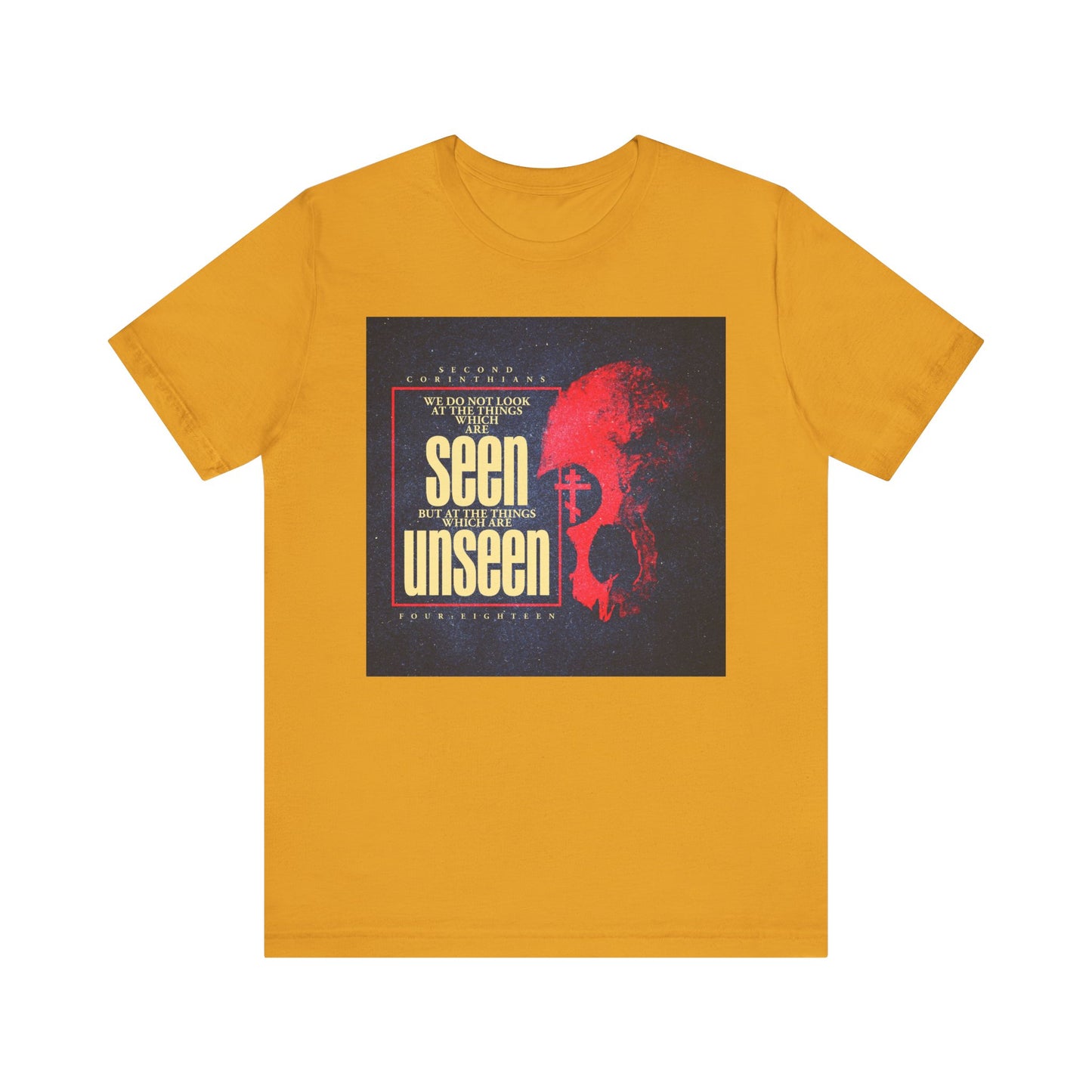 Sure! Here’s a rewritten sentence using your product data: Mustard lightweight cotton unisex tee featuring a textured design with a bold "We Do Not Look At the Things Which Are Seen" inscription, a striking red skull paired with an Orthodox cross graphic, inspired by St. Paul's message in 2 Corinthians about the unseen glory of the inward man.