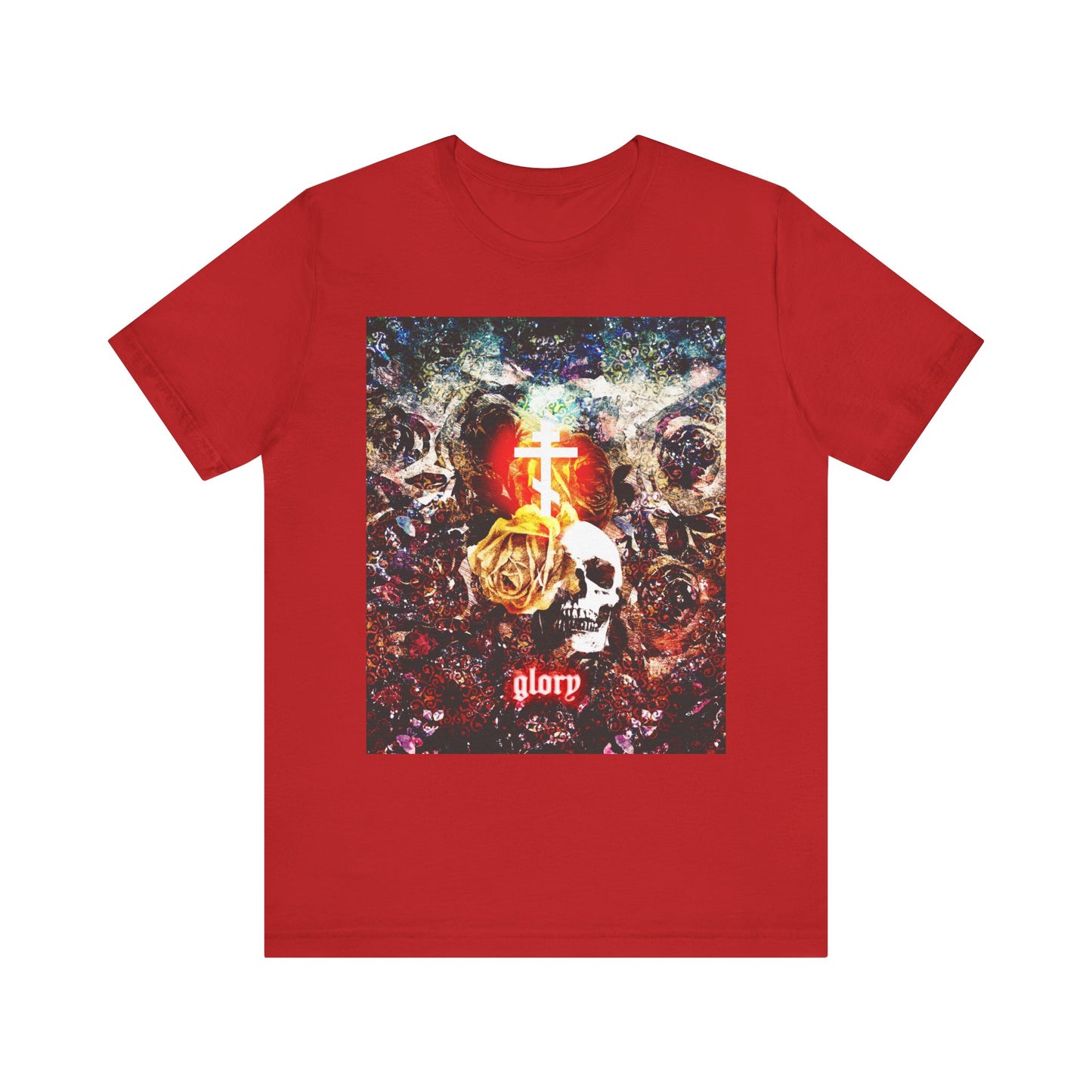 Red "Now the Son of Man is Glorified (John 13:31)" t-shirt featuring a skull and floral glowing cross design with a colorful abstract background, inspired by themes of the Last Supper and Jesus’ betrayal by Judas Iscariot. “Glory” text below. Orthodox Christian lightweight cotton unisex tee.