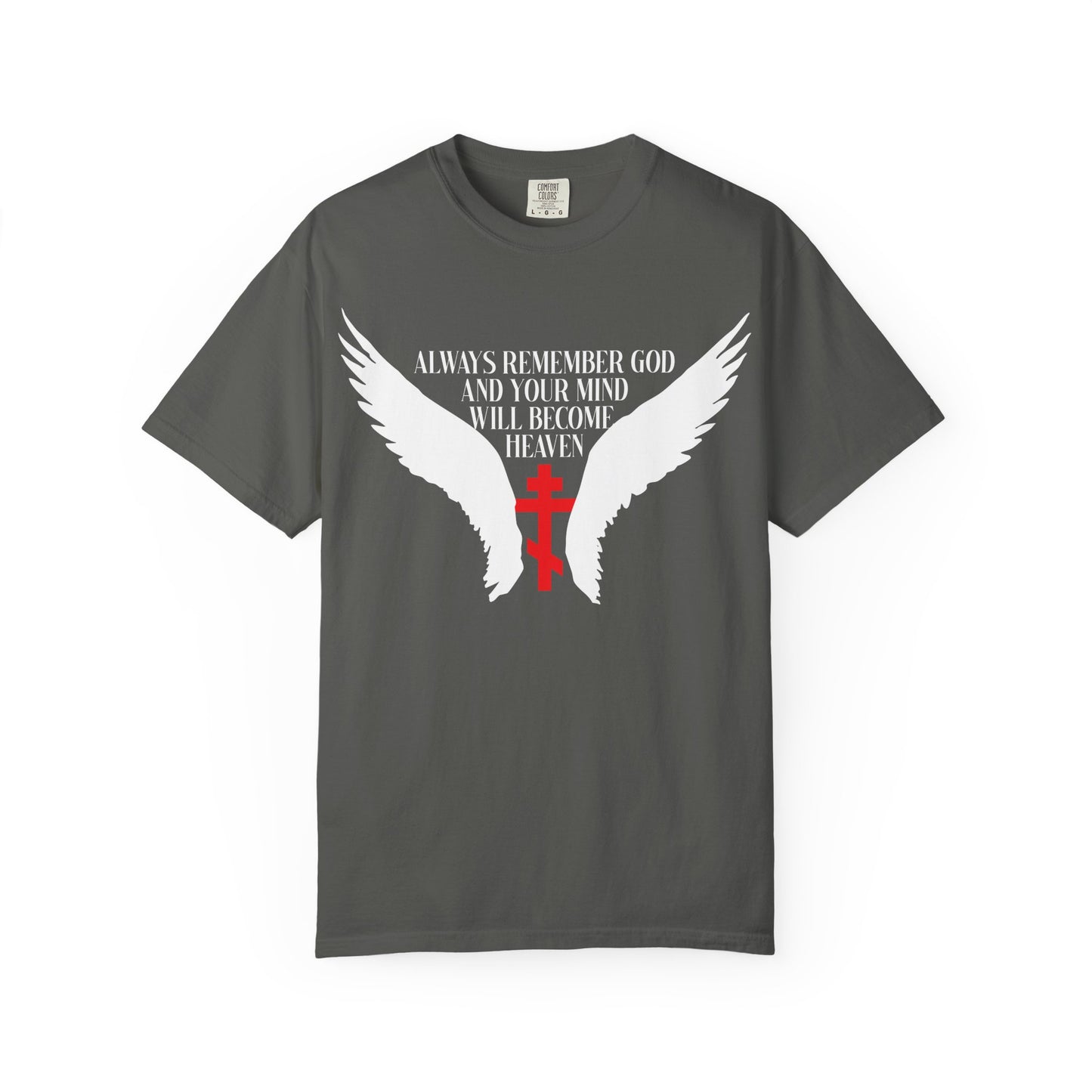 Pepper-colored heavyweight cotton unisex tee featuring an Orthodox cross and white angel wings, with the text: “Always Remember God and Your Mind Will Become Heaven,” inspired by St Neilos the Ascetic.