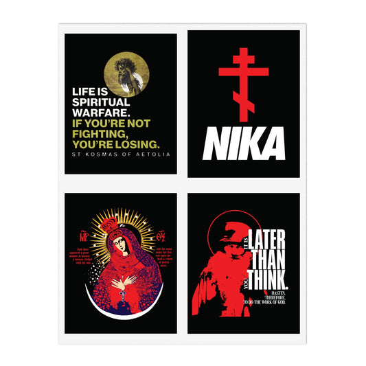 Bestseller Orthodox Sticker Mix No. 5 with bold NIKA Cross & spiritual warfare themes in rich colors.